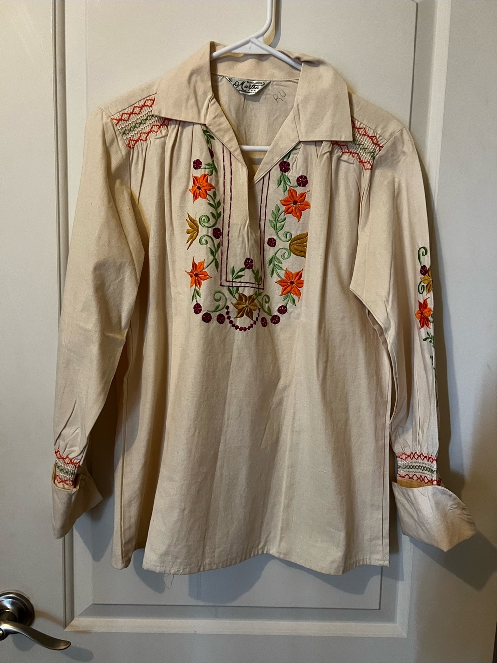 Embroidered Cream Peasant Blouse with Floral Accents